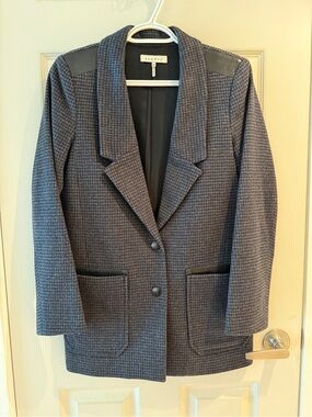 Sandro Women's Charcoal Gray Houndstooth Blazer with Leather Trim